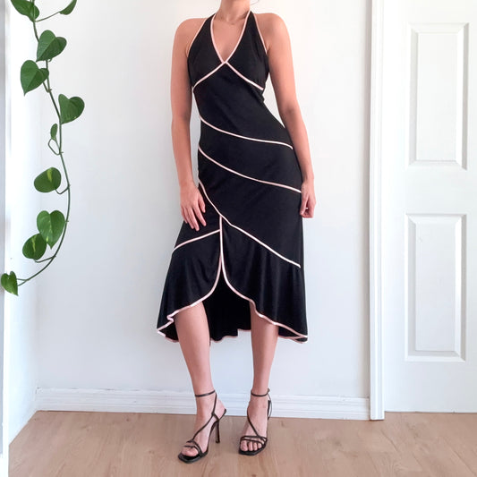 Y2K Black & Baby Pink Trim Halter Dress / SZ M