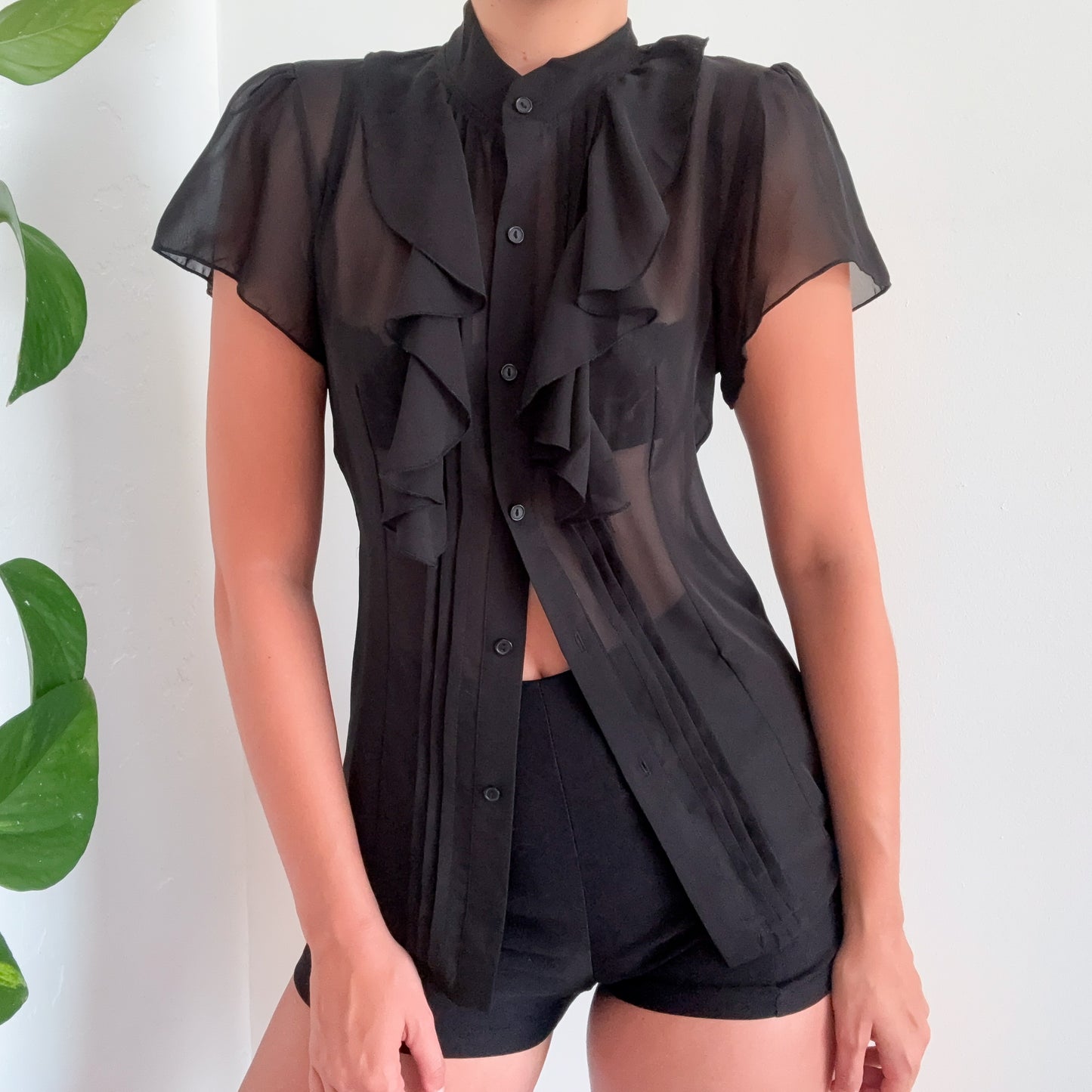 Norma Kamali Black Chiffon Ruffle Blouse / SZ S