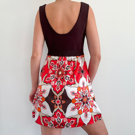 Y2K Bebe Brown & Red Silk Groovy Mini Dress / SZ L