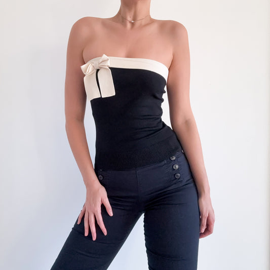 Y2K Black & Cream Knit Bow Tube Top / SZ M