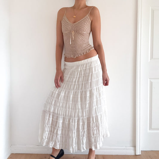 Y2K White Cotton Smocked Maxi Skirt / SZ M-L