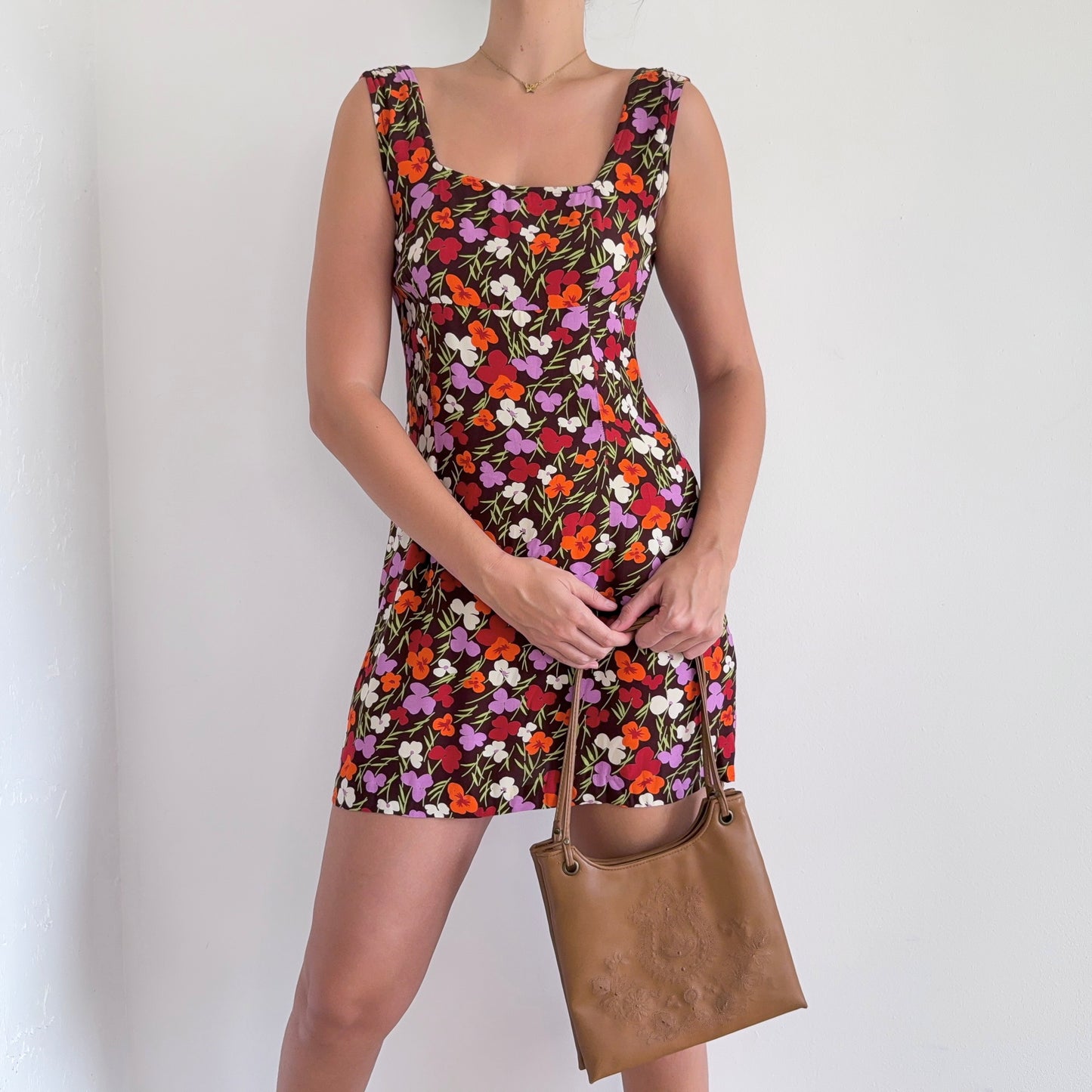 90's Does 70's Brown Floral Mini Dress / SZ M
