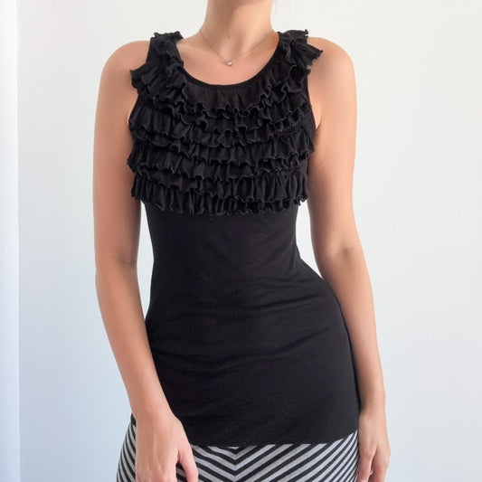 Y2K Black High Neck Ruffle Top / SZ S