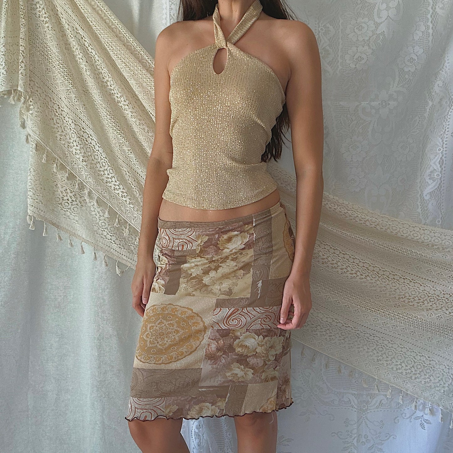 Y2K Taupe Printed Mesh Midi Skirt / SZ S-M