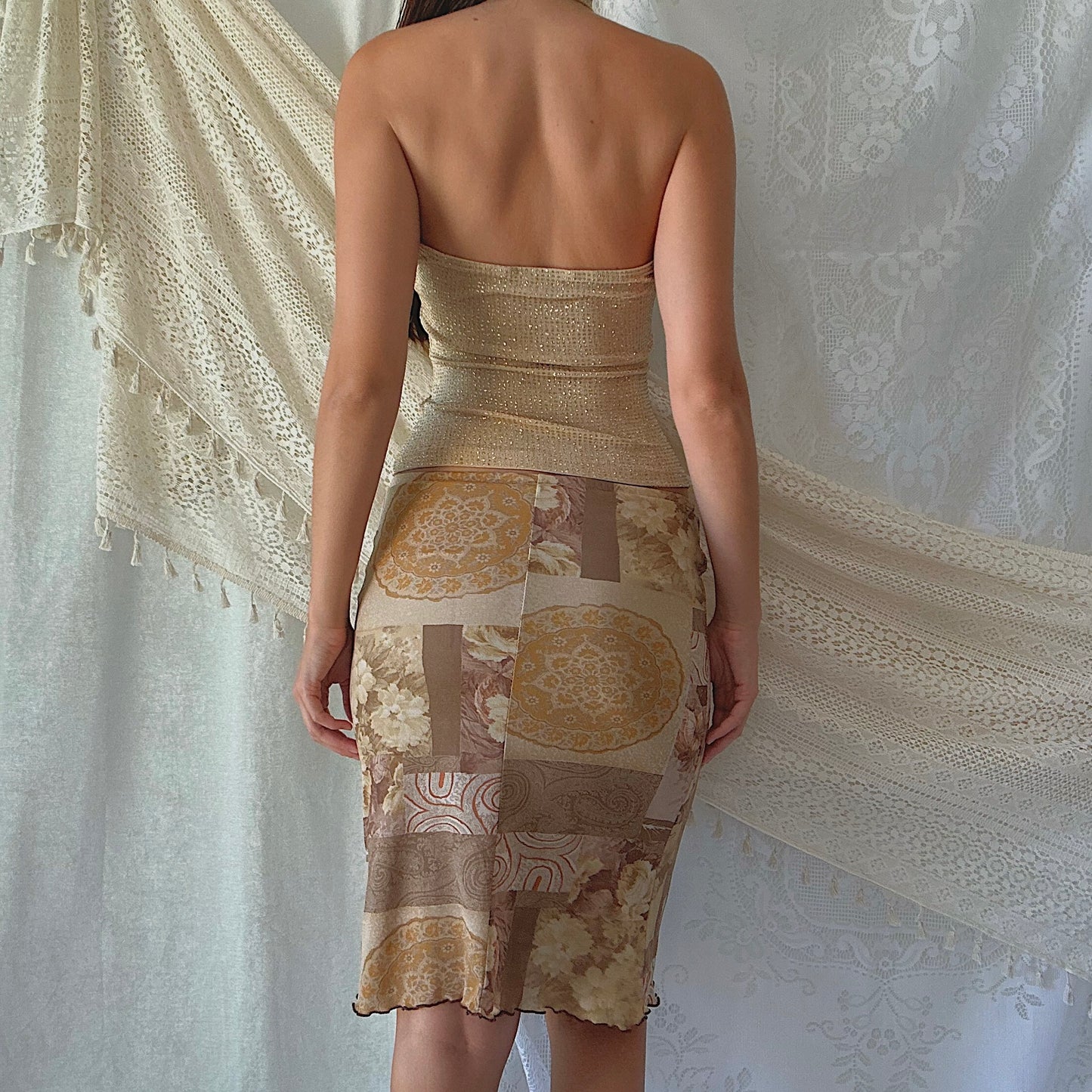 Y2K Taupe Printed Mesh Midi Skirt / SZ S-M