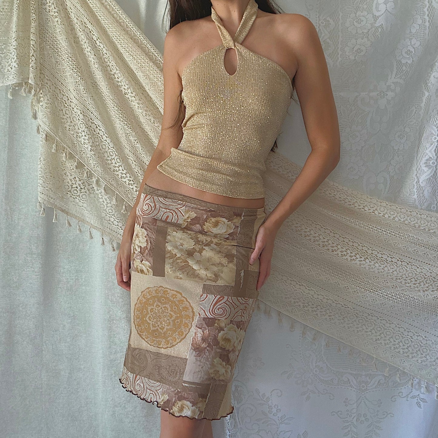 Y2K Taupe Printed Mesh Midi Skirt / SZ S-M