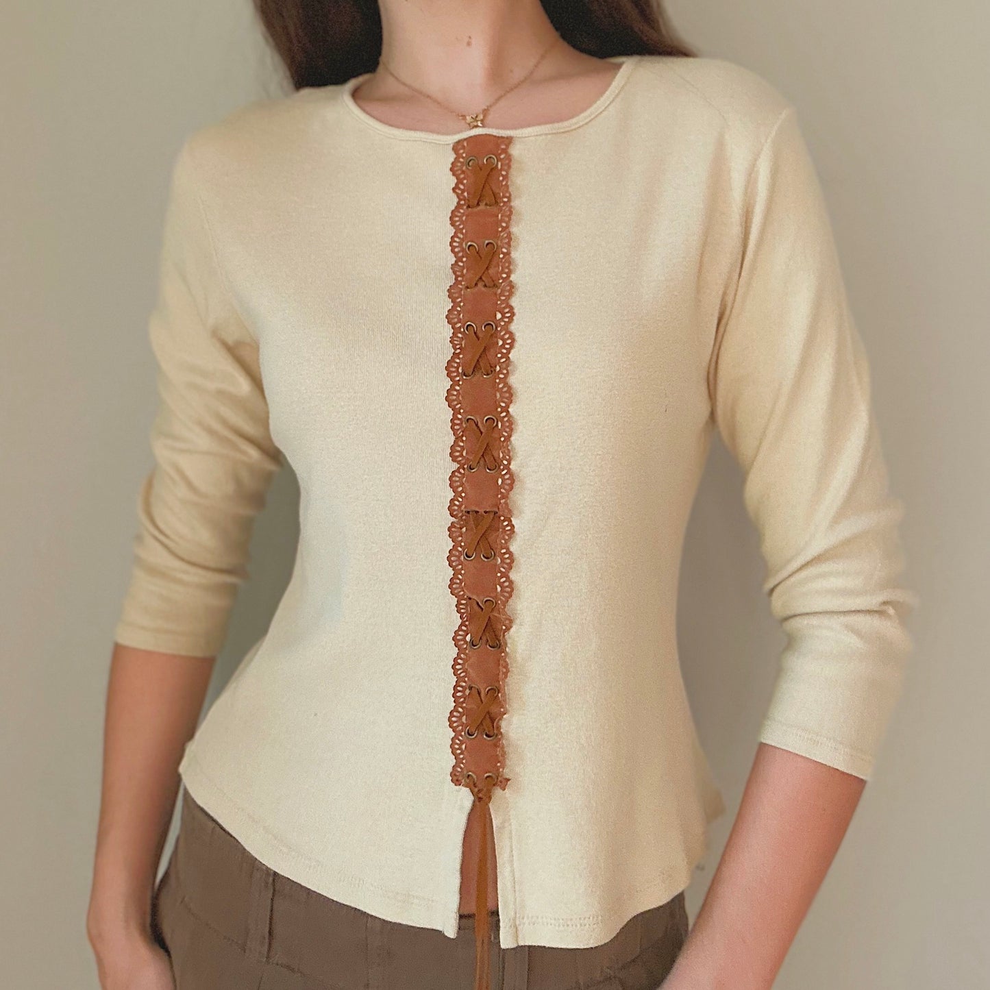 90's Cream & Brown Lace-up Top / SZ L-XL