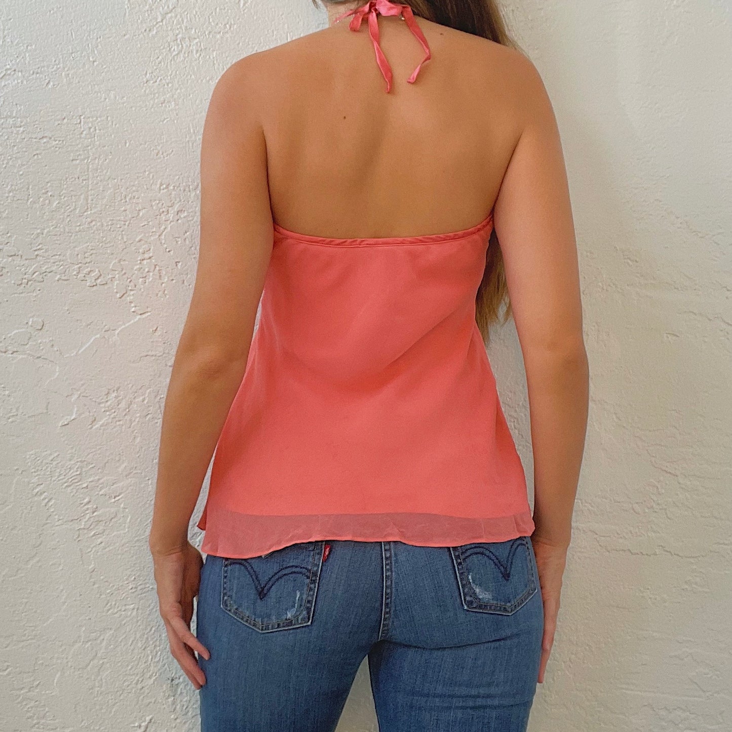 Y2K Coral Silk Beaded Halter Top / SZ XS/S