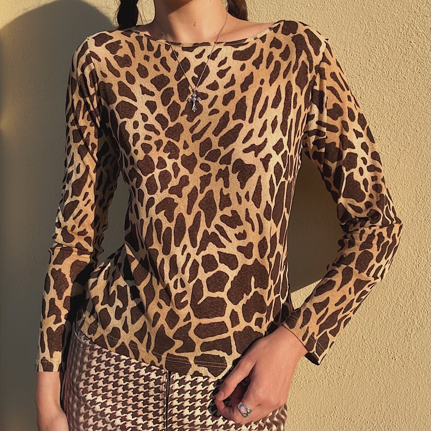 Y2K Italian Giraffe Print Mesh Top / SZ L