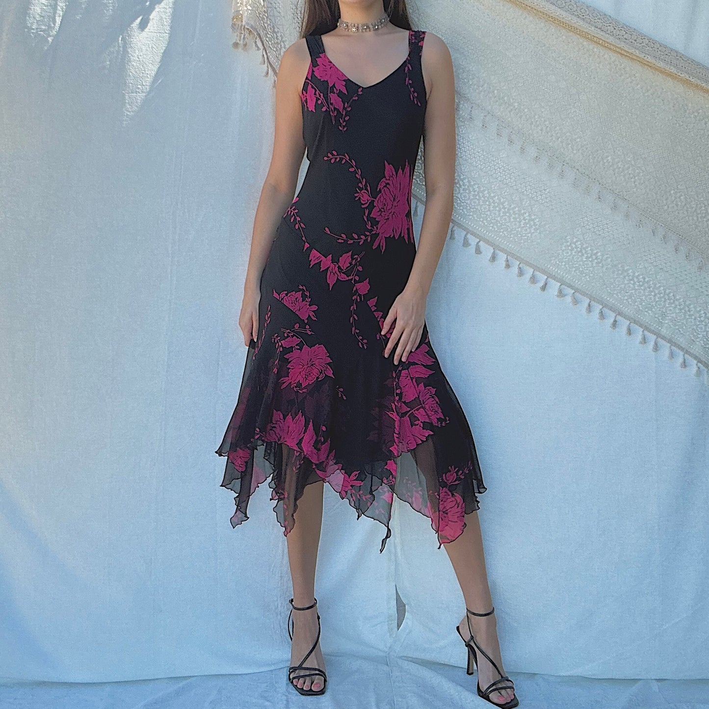 Y2K Black & Magenta Silk Floral Midi Dress / SZ 8-10