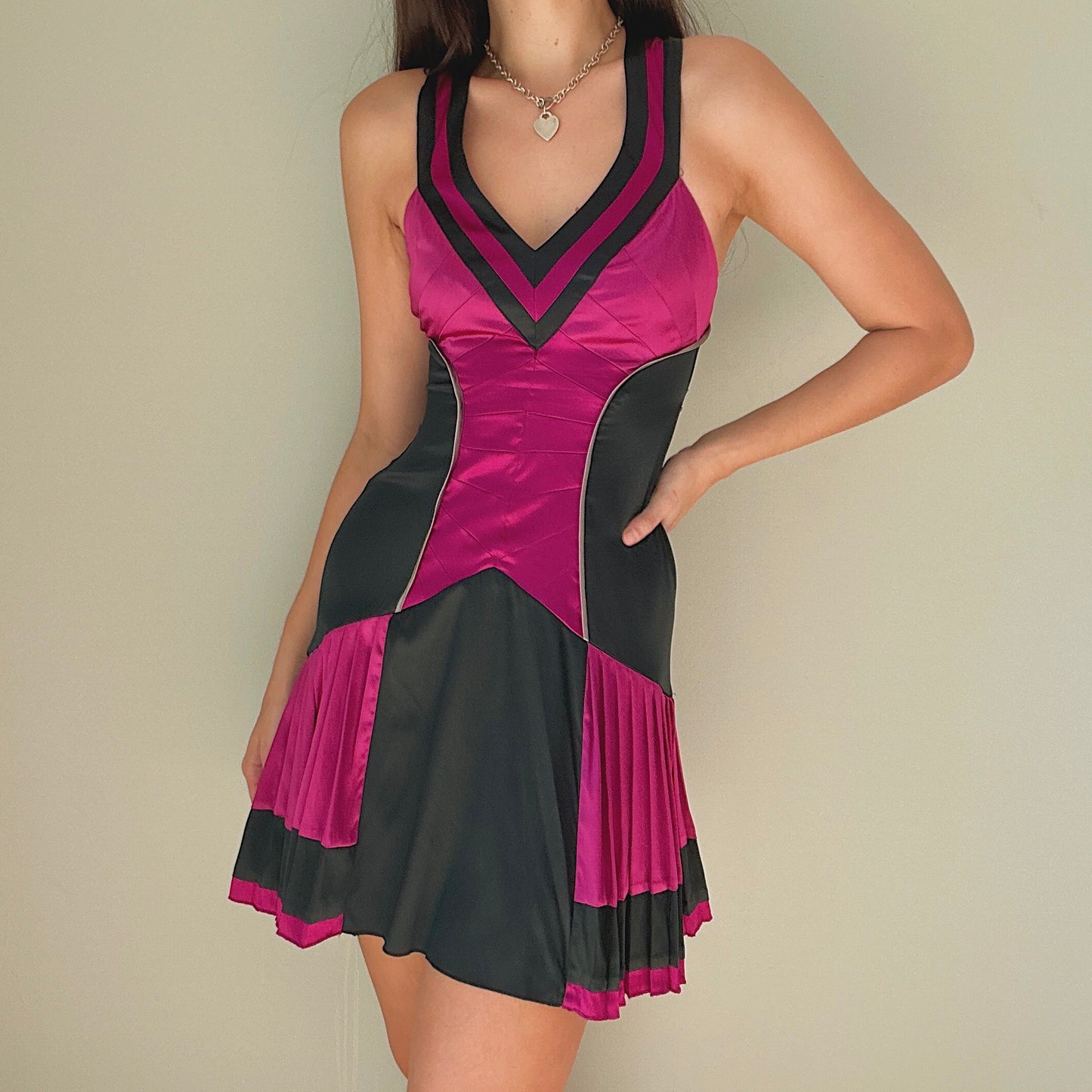 Y2K Bebe Magenta & Black Silk Pleated Dress / SZ S