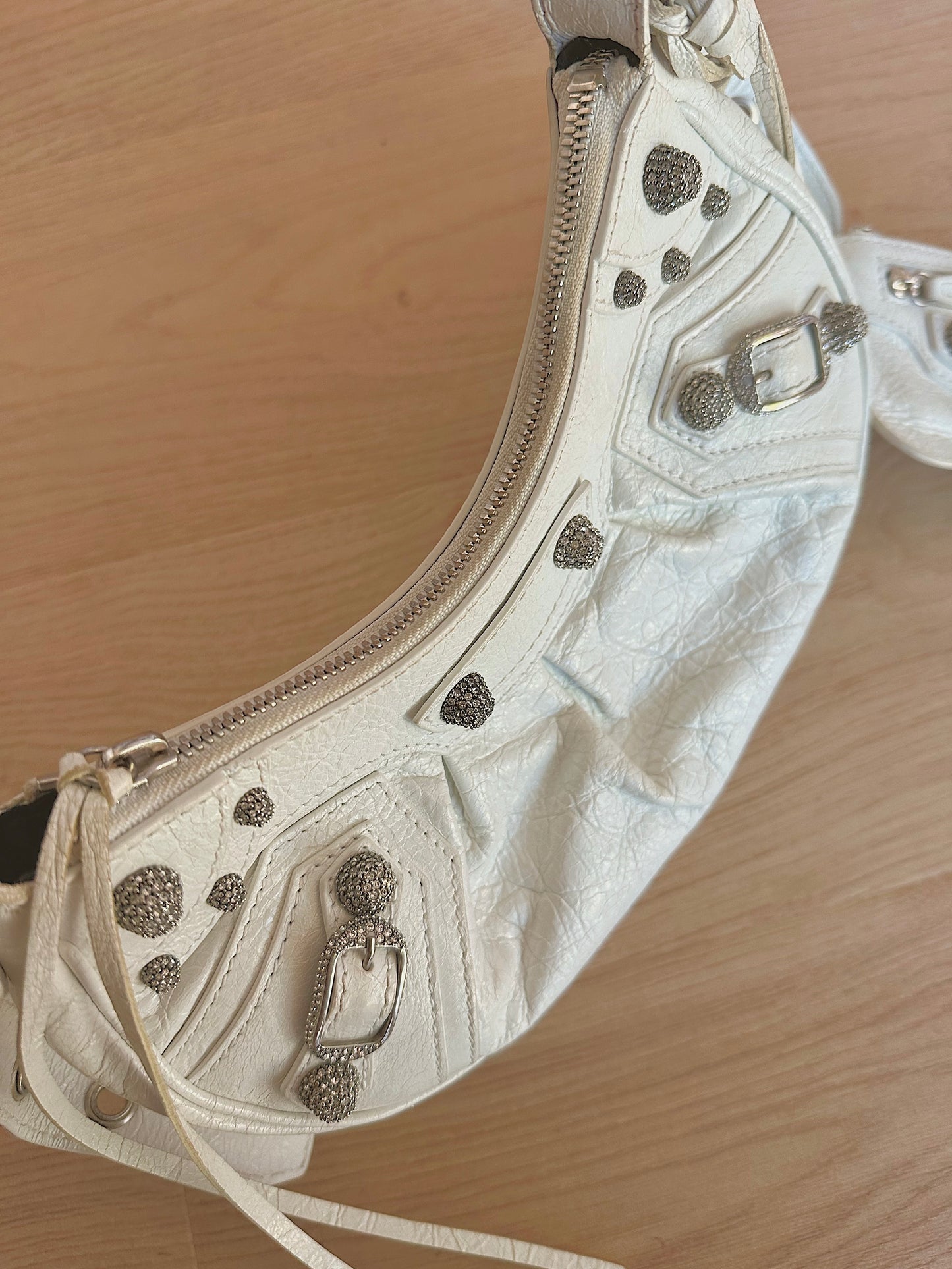 Balenciaga Le Cagole White Leather Rhinestone Bag