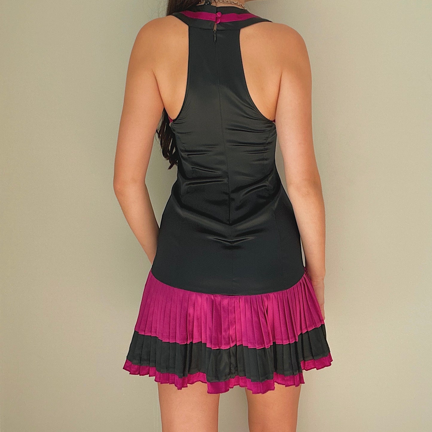 Y2K Bebe Magenta & Black Silk Pleated Dress / SZ S