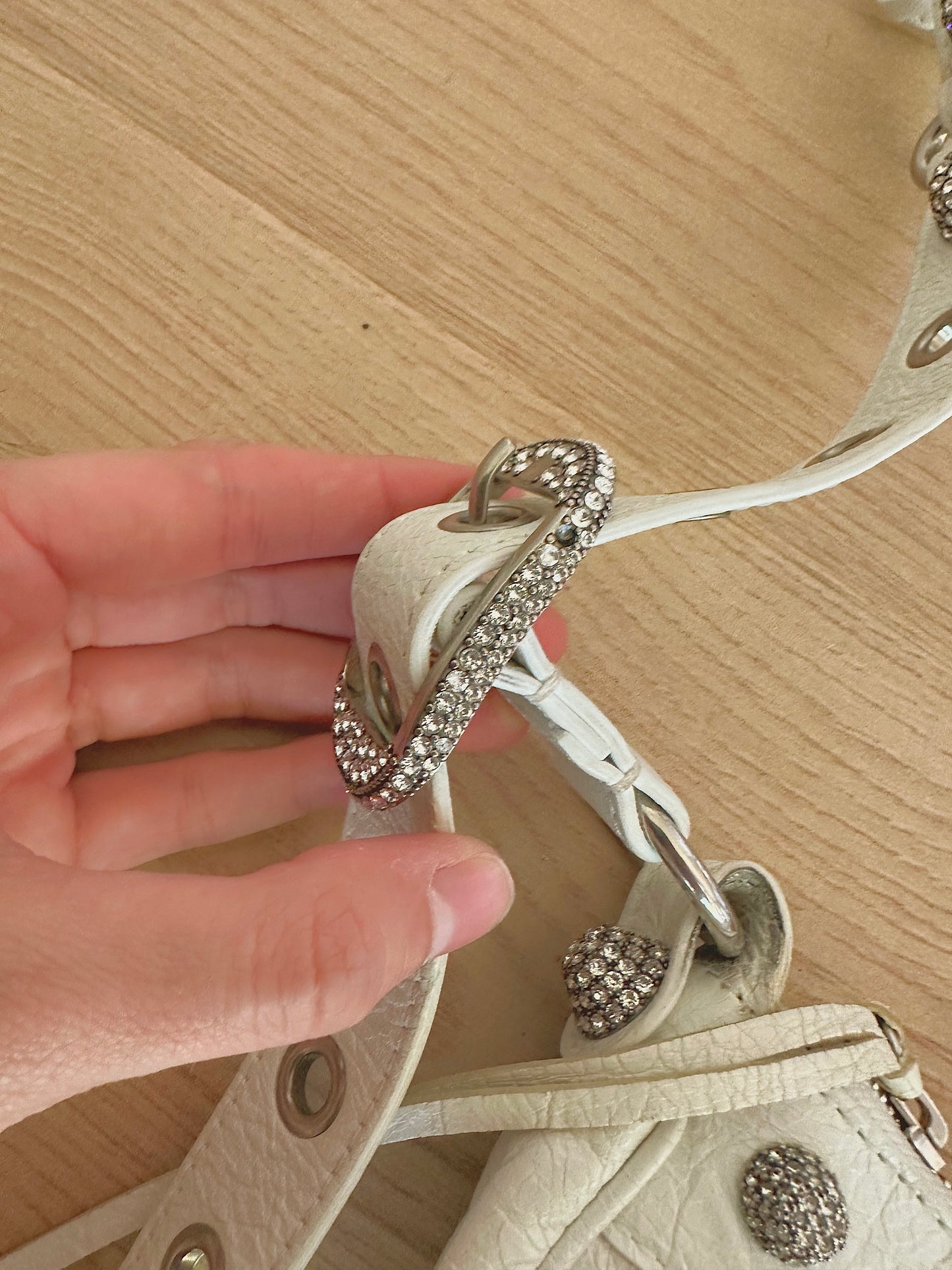 Balenciaga Le Cagole White Leather Rhinestone Bag