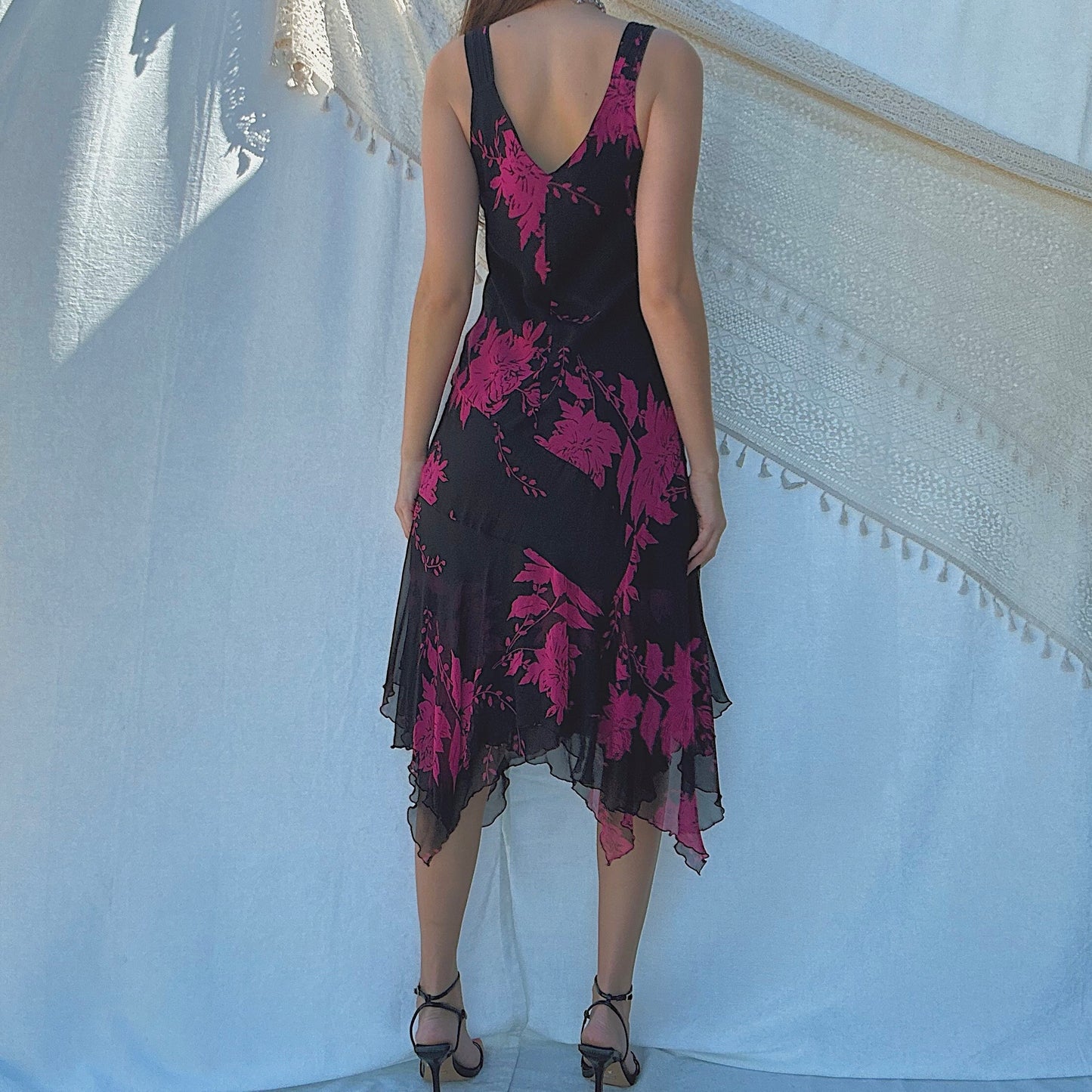 Y2K Black & Magenta Silk Floral Midi Dress / SZ 8-10