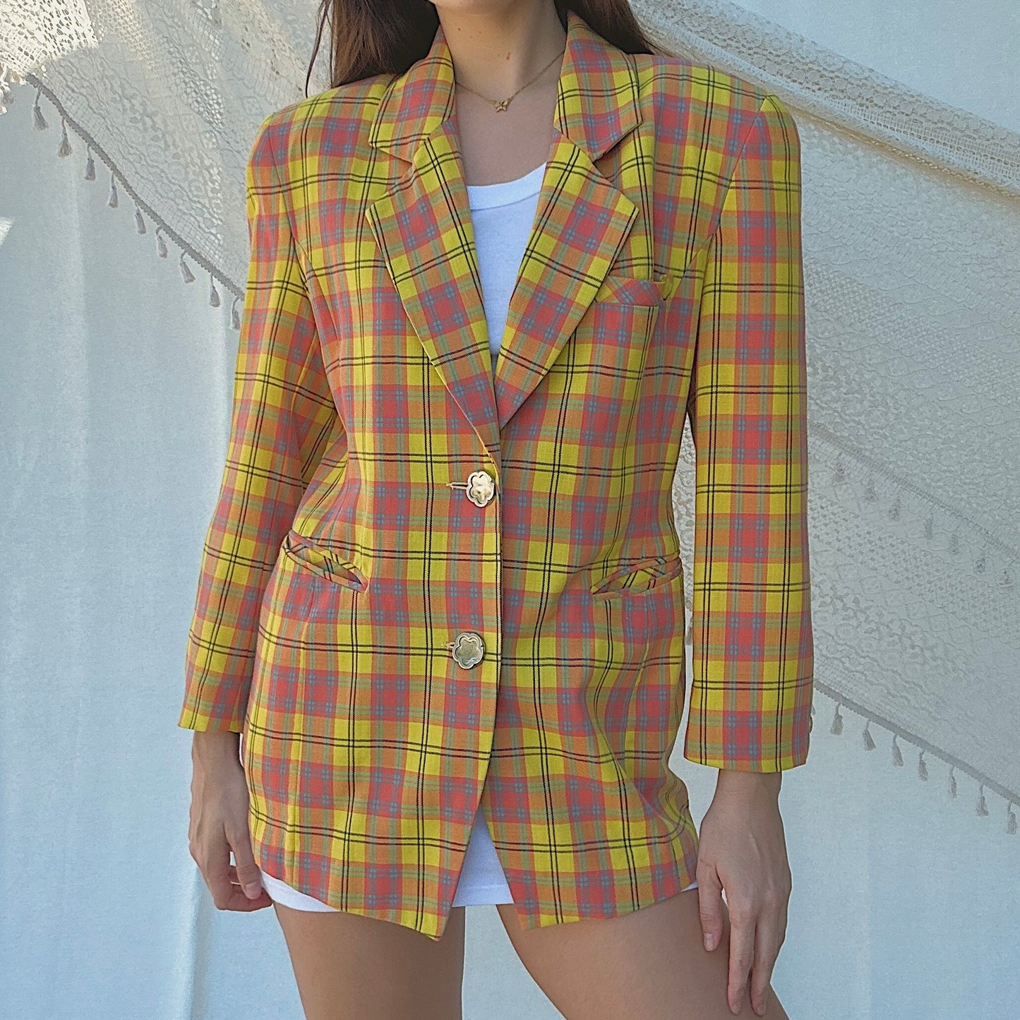80's Yellow Plaid Clueless Blazer / SZ M/L