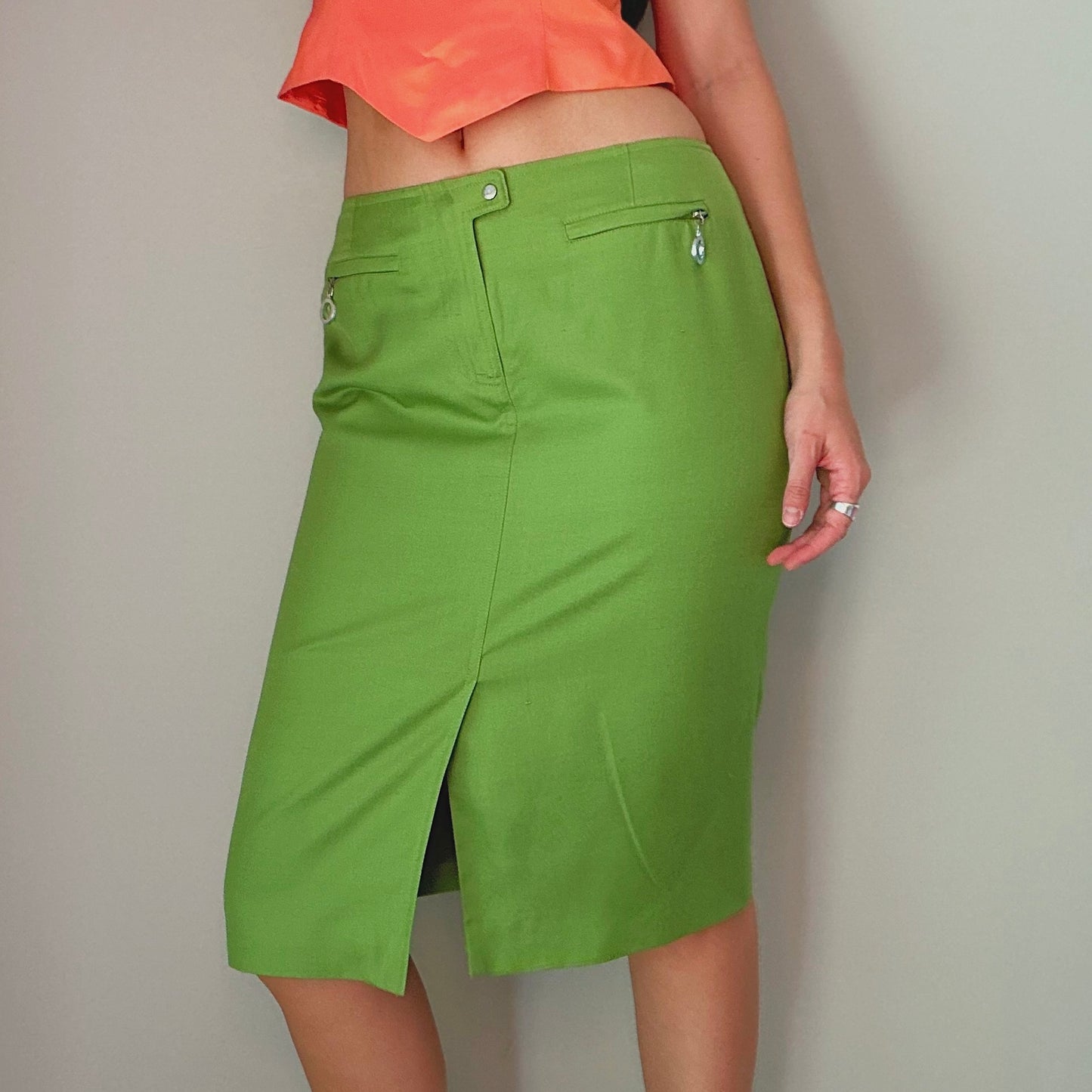 Y2K Green Silk Midi Skirt / SZ 6