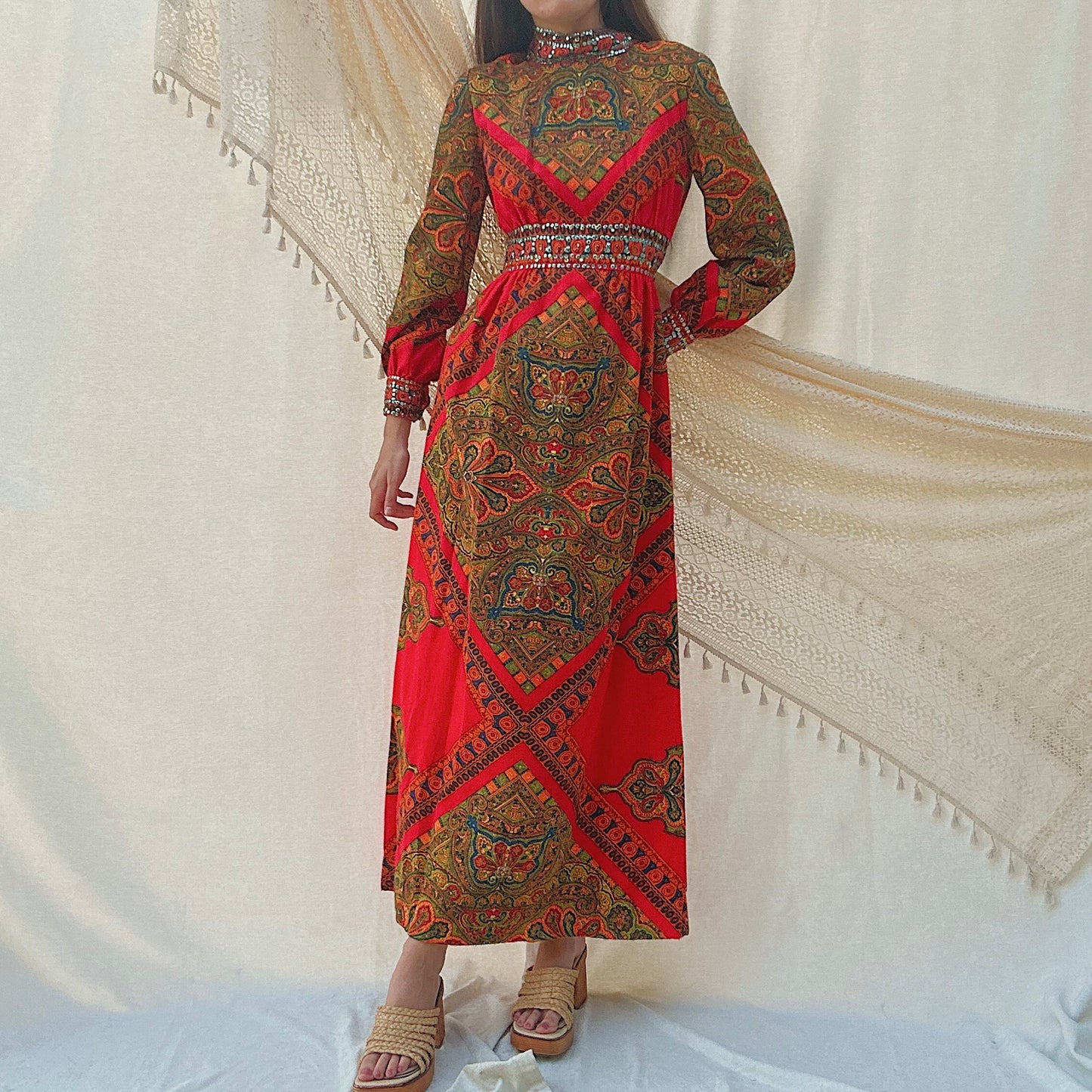 70's Red Printed Sequin Gown / SZ 6