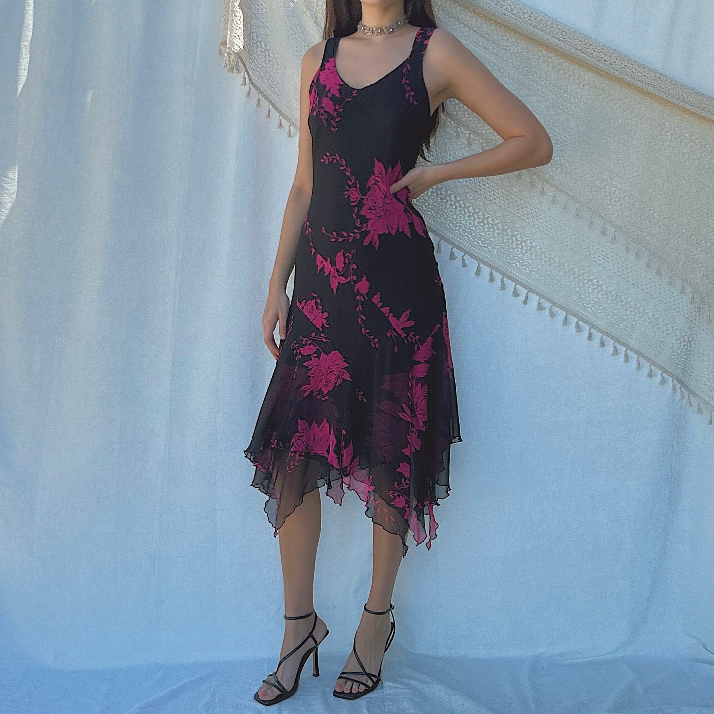 Y2K Black & Magenta Silk Floral Midi Dress / SZ 8-10