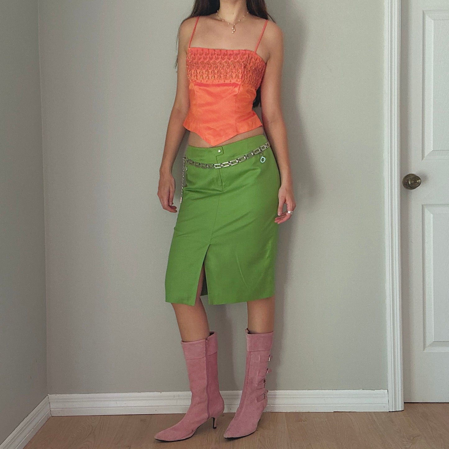 Y2K Green Silk Midi Skirt / SZ 6