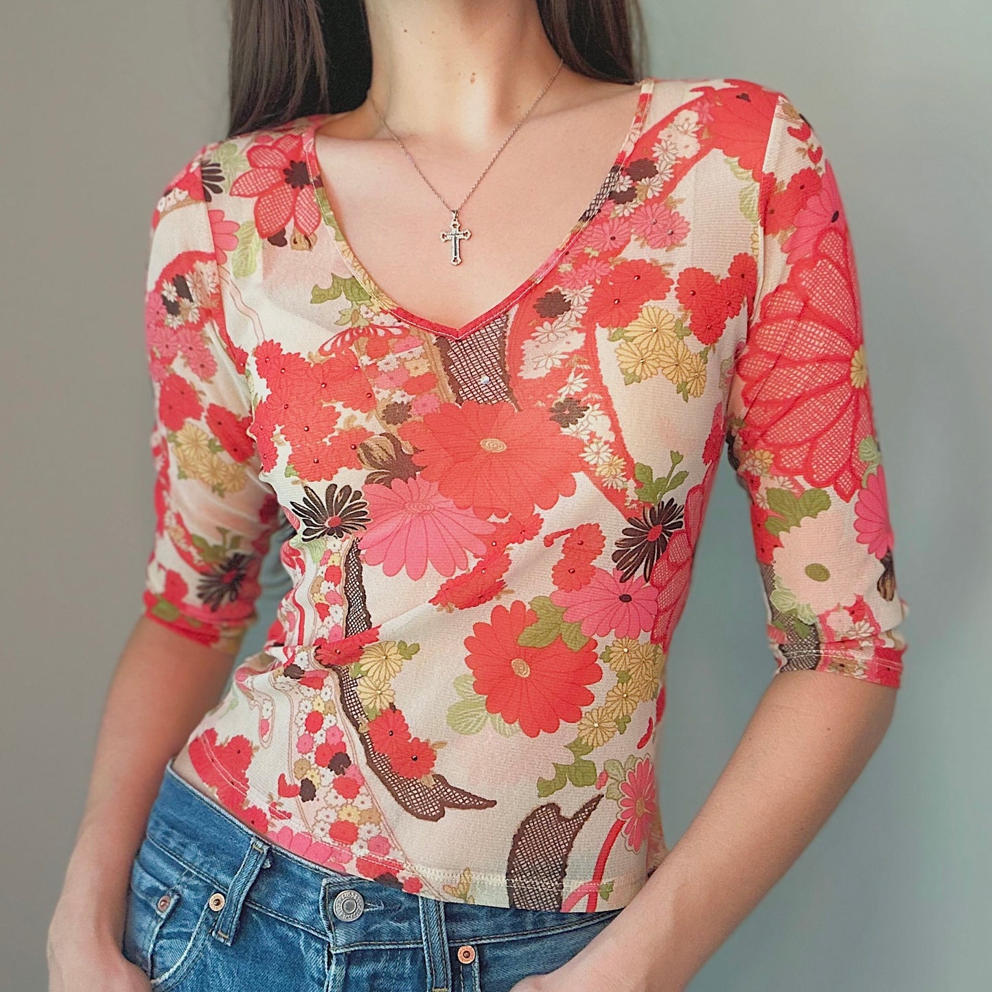 Y2K Pink & Red Floral Mesh Top / SZ M