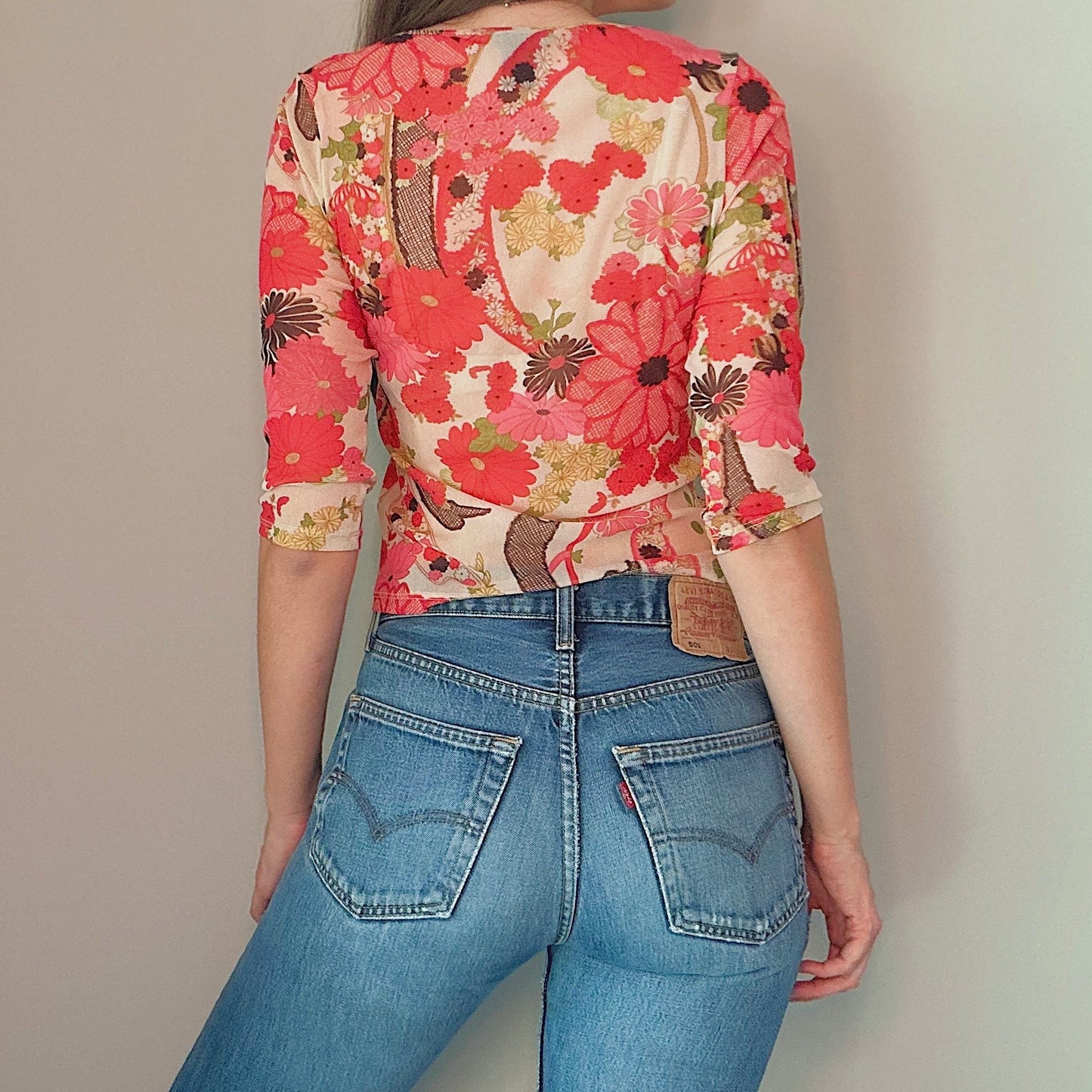 Y2K Pink & Red Floral Mesh Top / SZ M