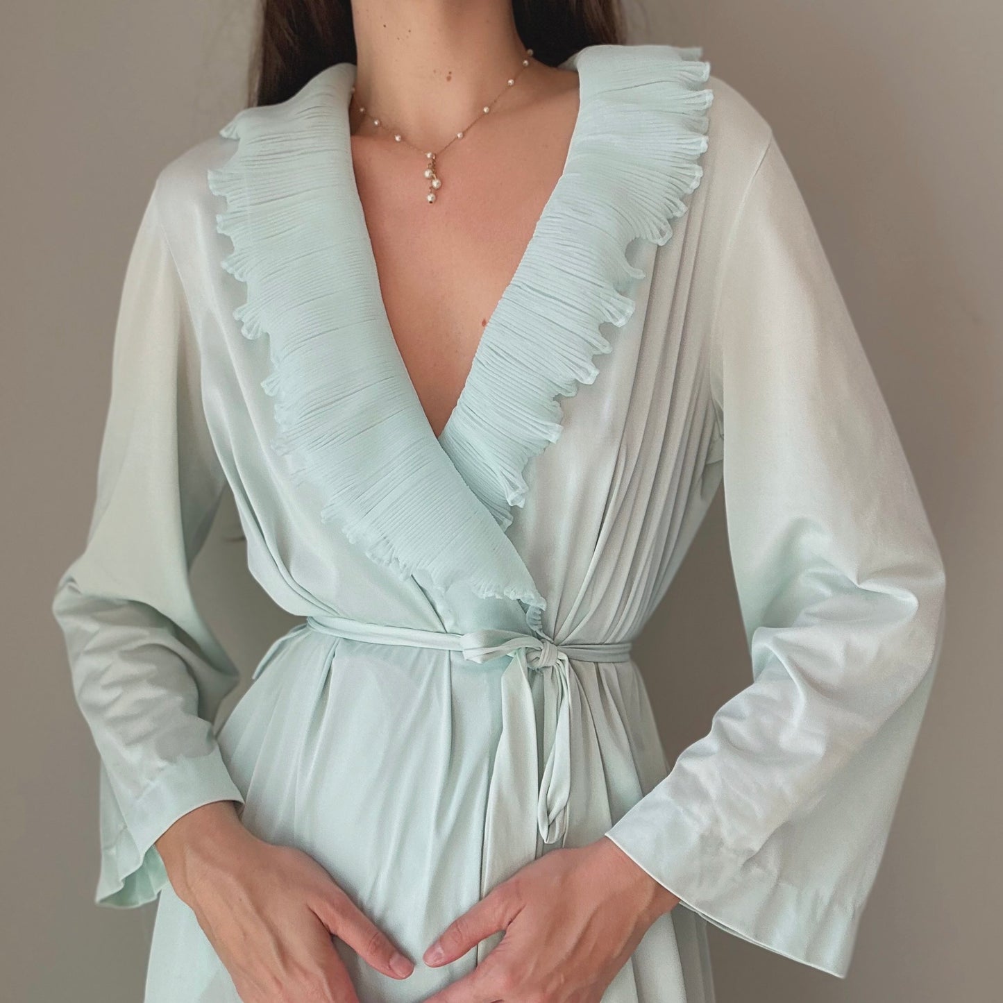 80's Mint Pleated Collar Robe / SZ M/L