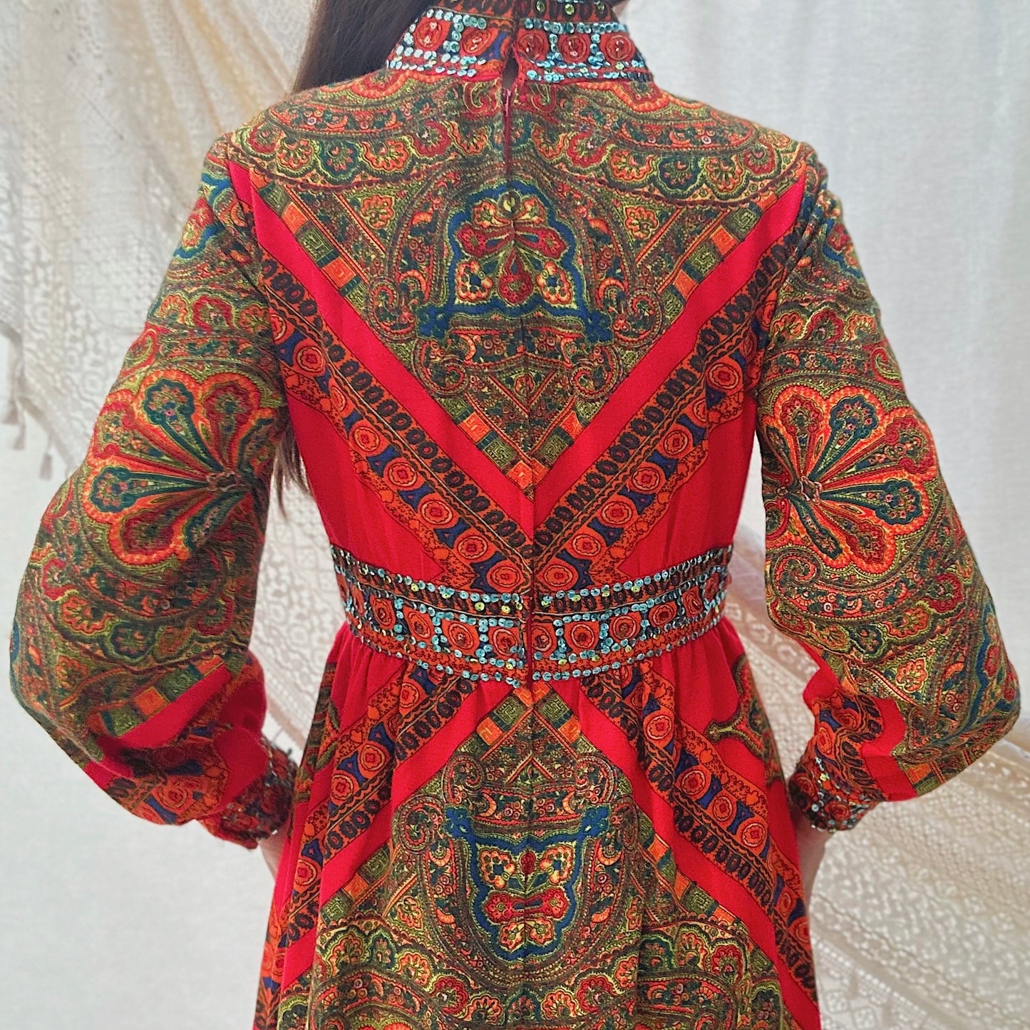 70's Red Printed Sequin Gown / SZ 6