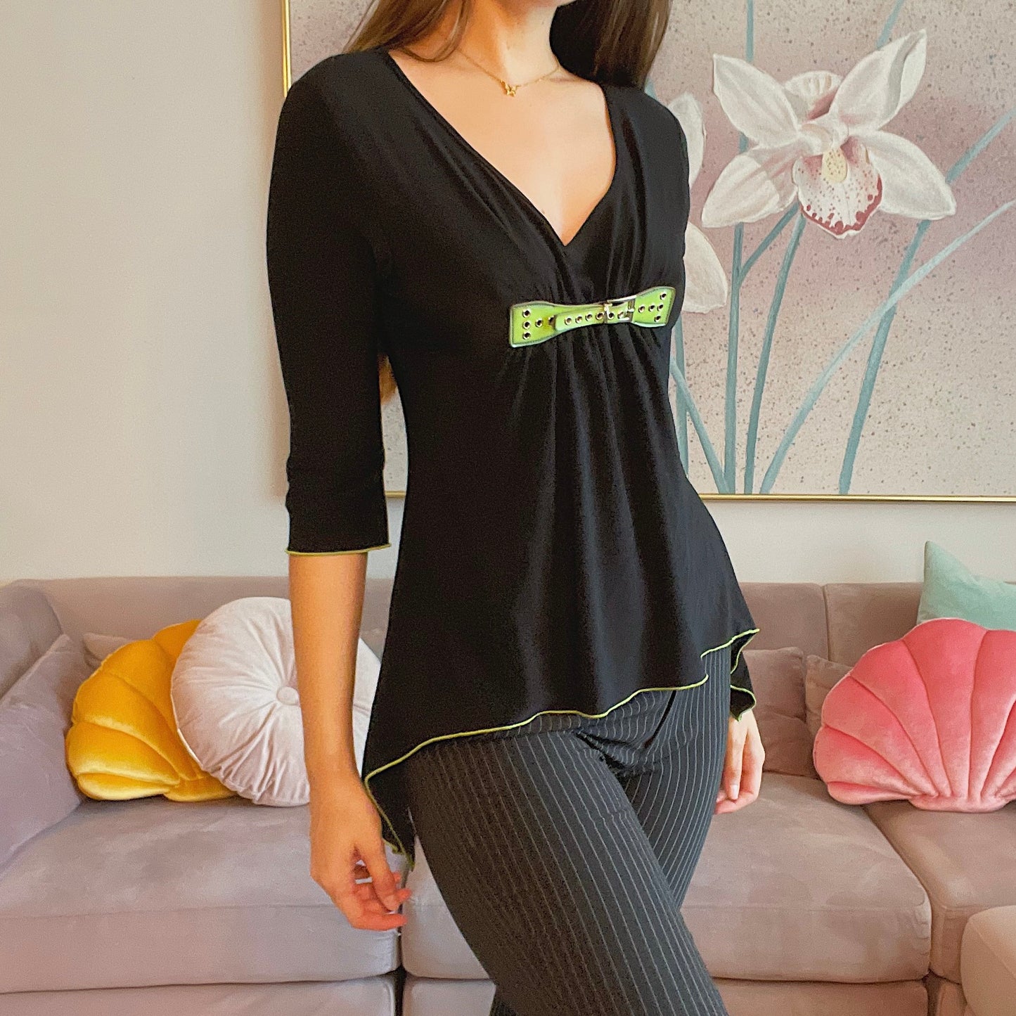 Y2K Black & Lime Buckle Top / SZ S-M