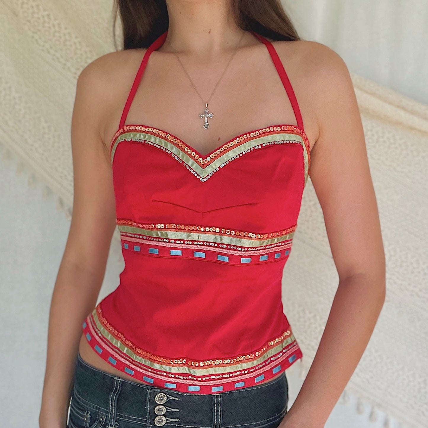 Y2K Red Sequin Ribbon Halter Top / SZ 6