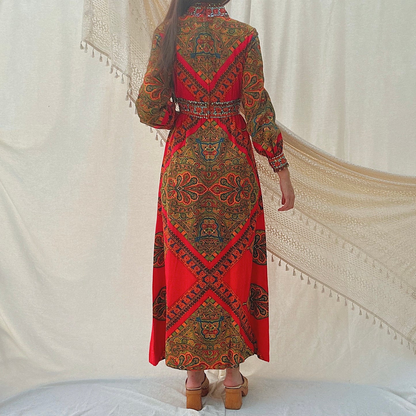 70's Red Printed Sequin Gown / SZ 6