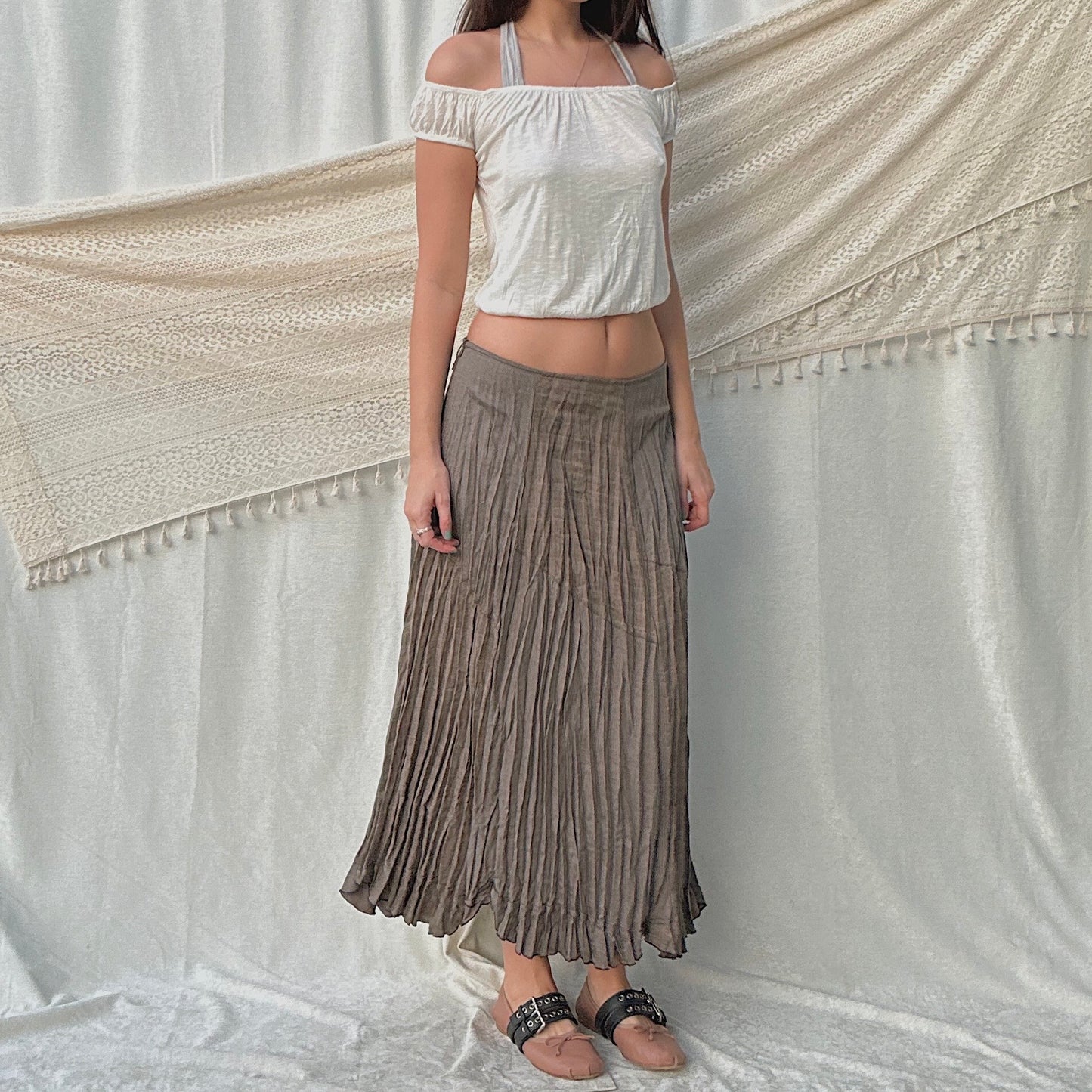 Y2K Taupe Plaid Pleated Maxi Skirt / SZ 8