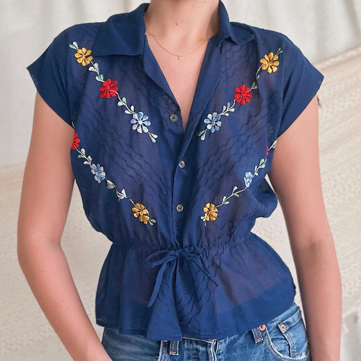 70's Navy Embroidered Blouse / SZ M