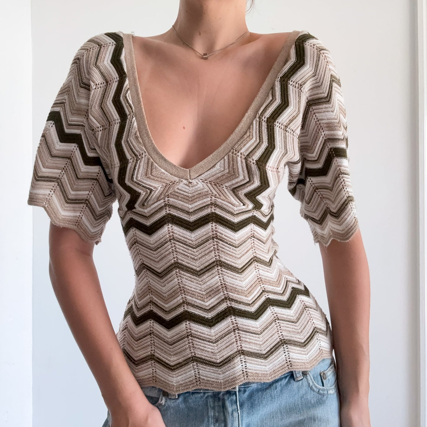 Y2K Tan & Army Chevron Knit Top / SZ S