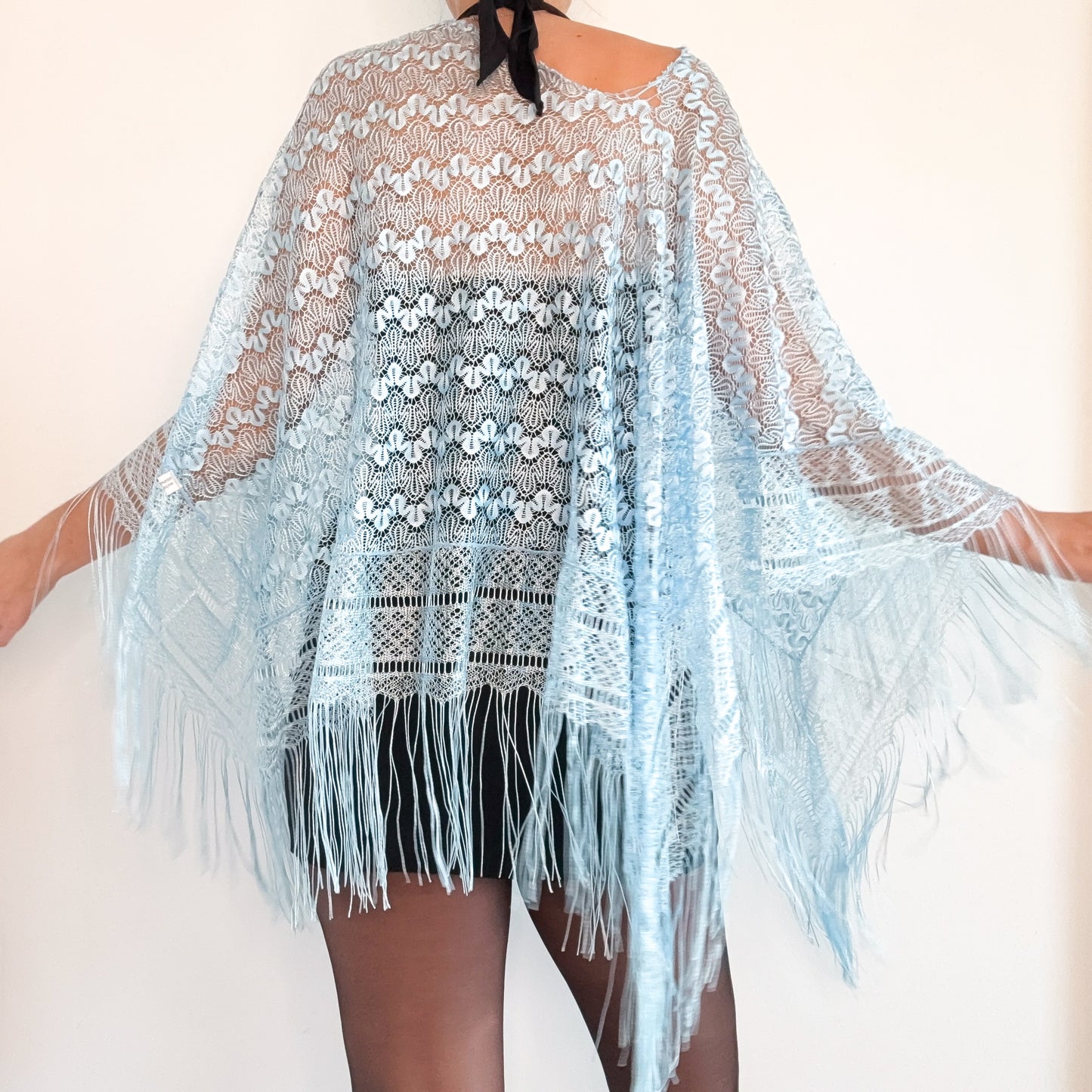 Y2K Sky Blue Lace Fringe Poncho / One Size