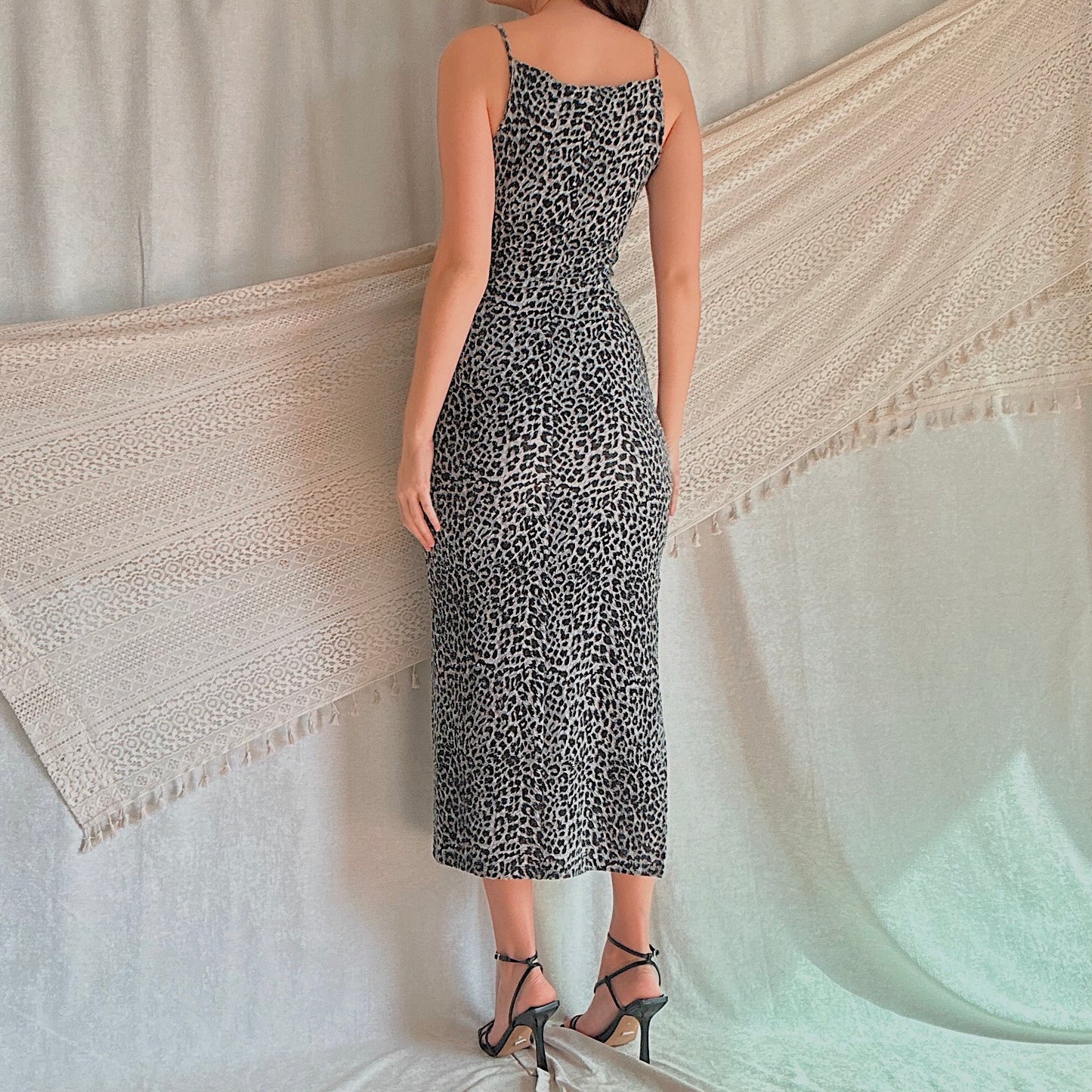 90's Black & Grey Leopard Sparkle Maxi Dress / SZ S/M