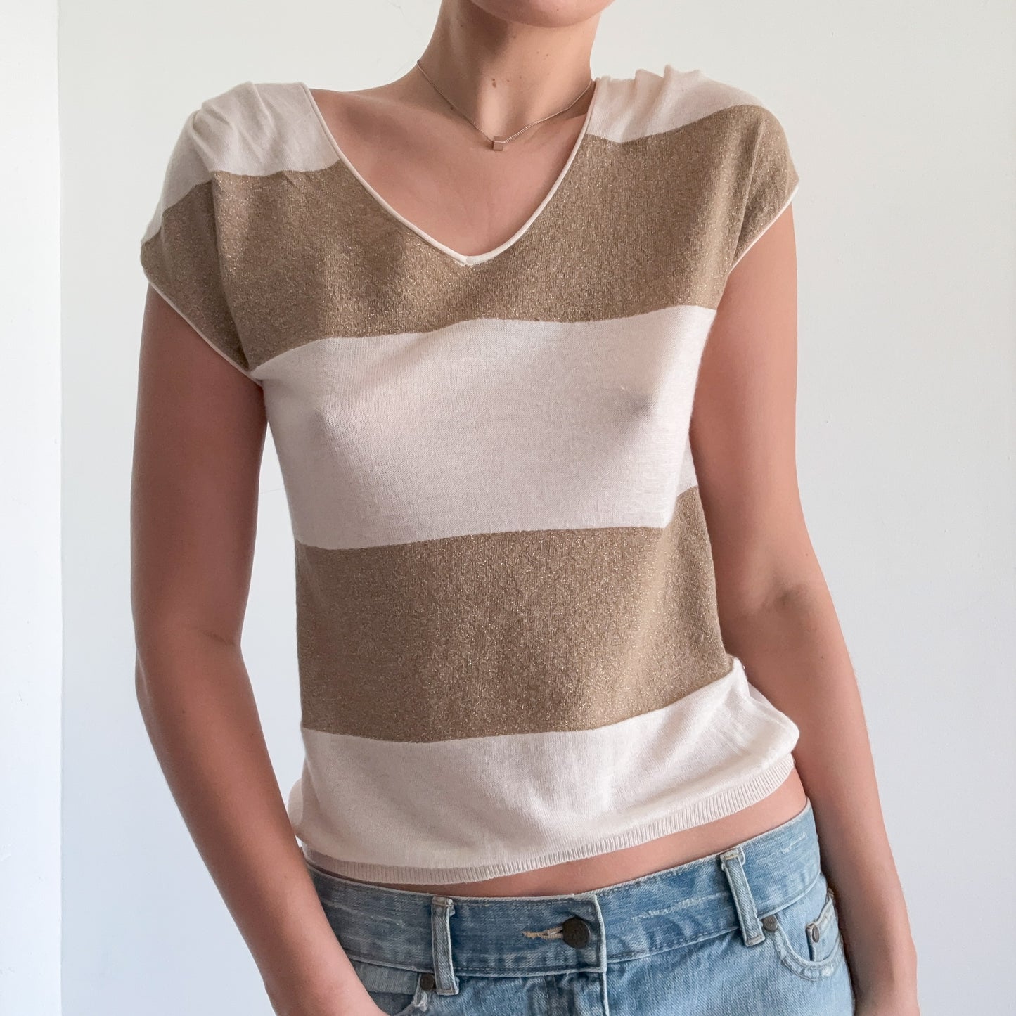 Y2K Beige & Gold Striped Knit Top / SZ XS/S