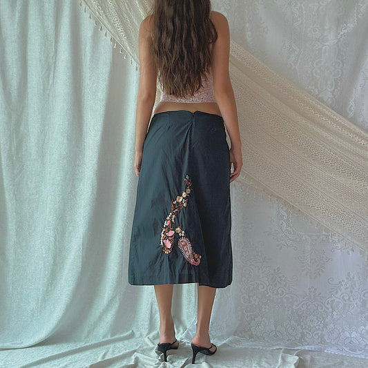 Y2K Black Cotton Embroidered Midi Skirt / SZ M