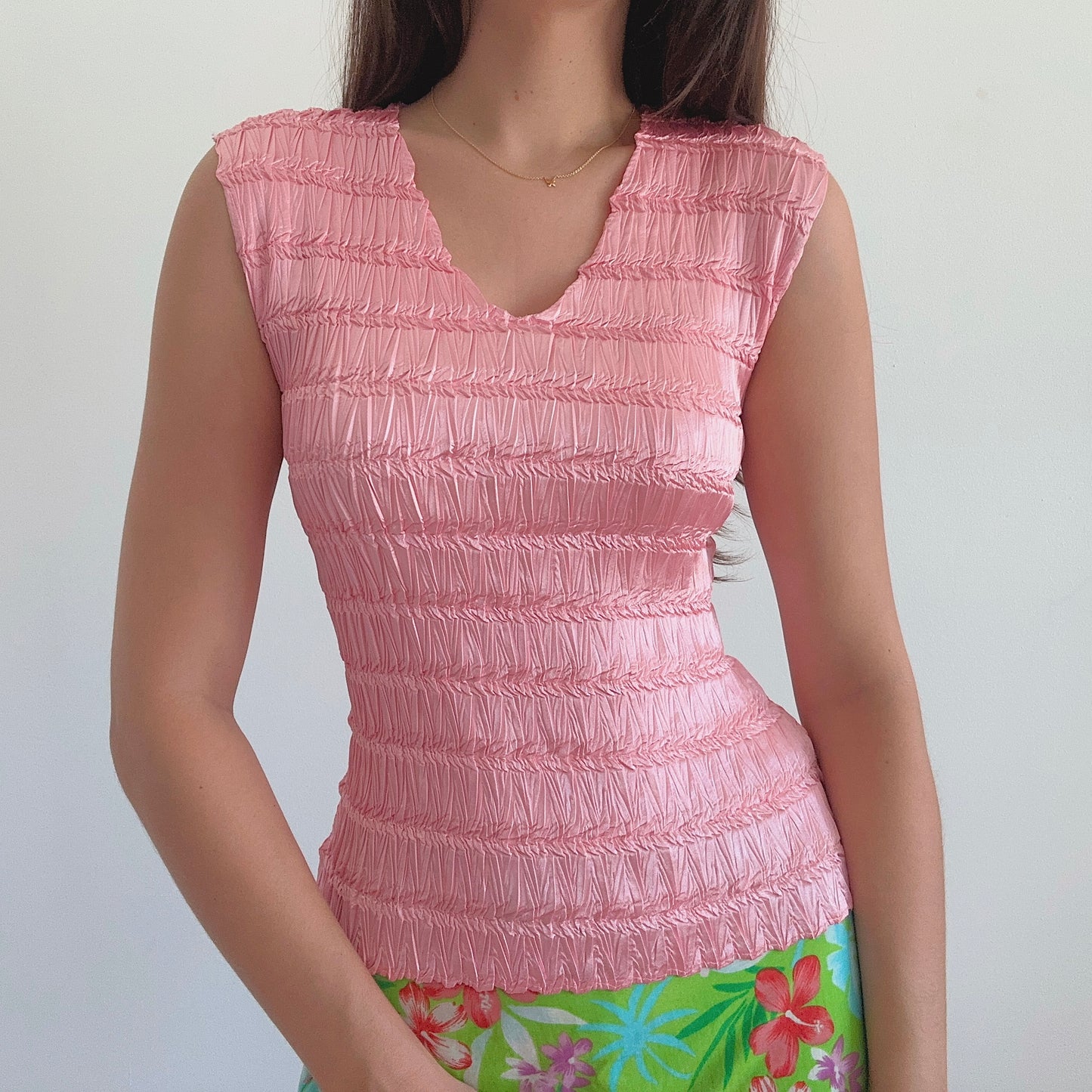 Y2K Bubblegum Pink Crinkle Pleat Top / SZ M