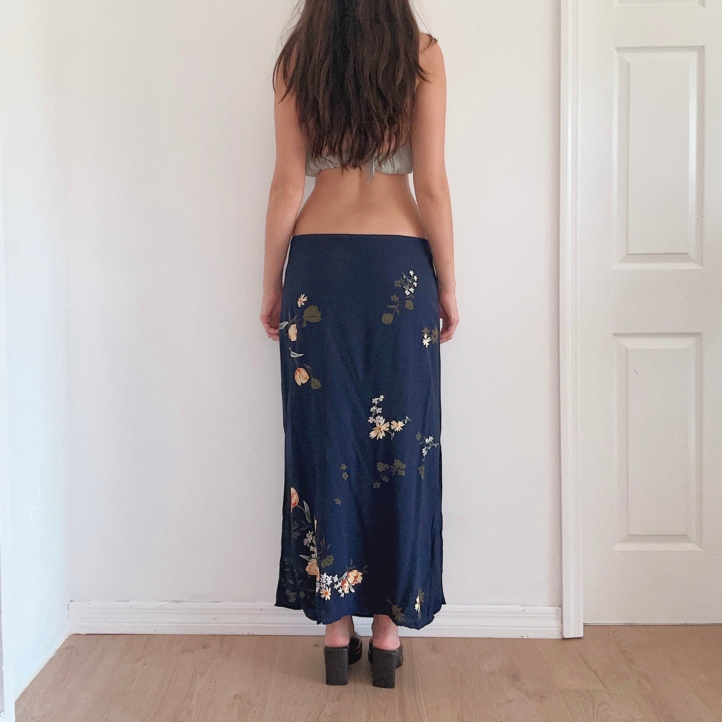 Y2K Navy Floral Rayon Maxi Skirt / SZ M