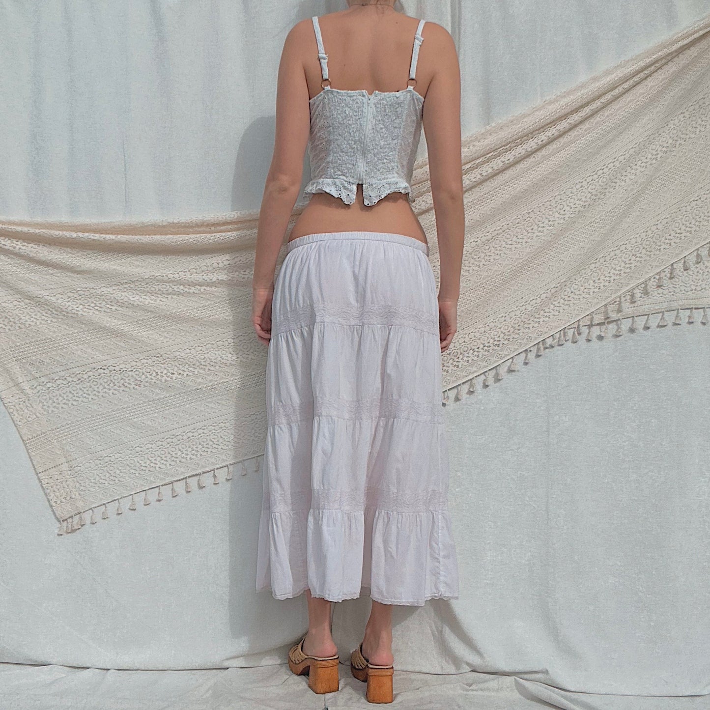 Y2K Off-White Cotton Lace Maxi Skirt / SZ M-L