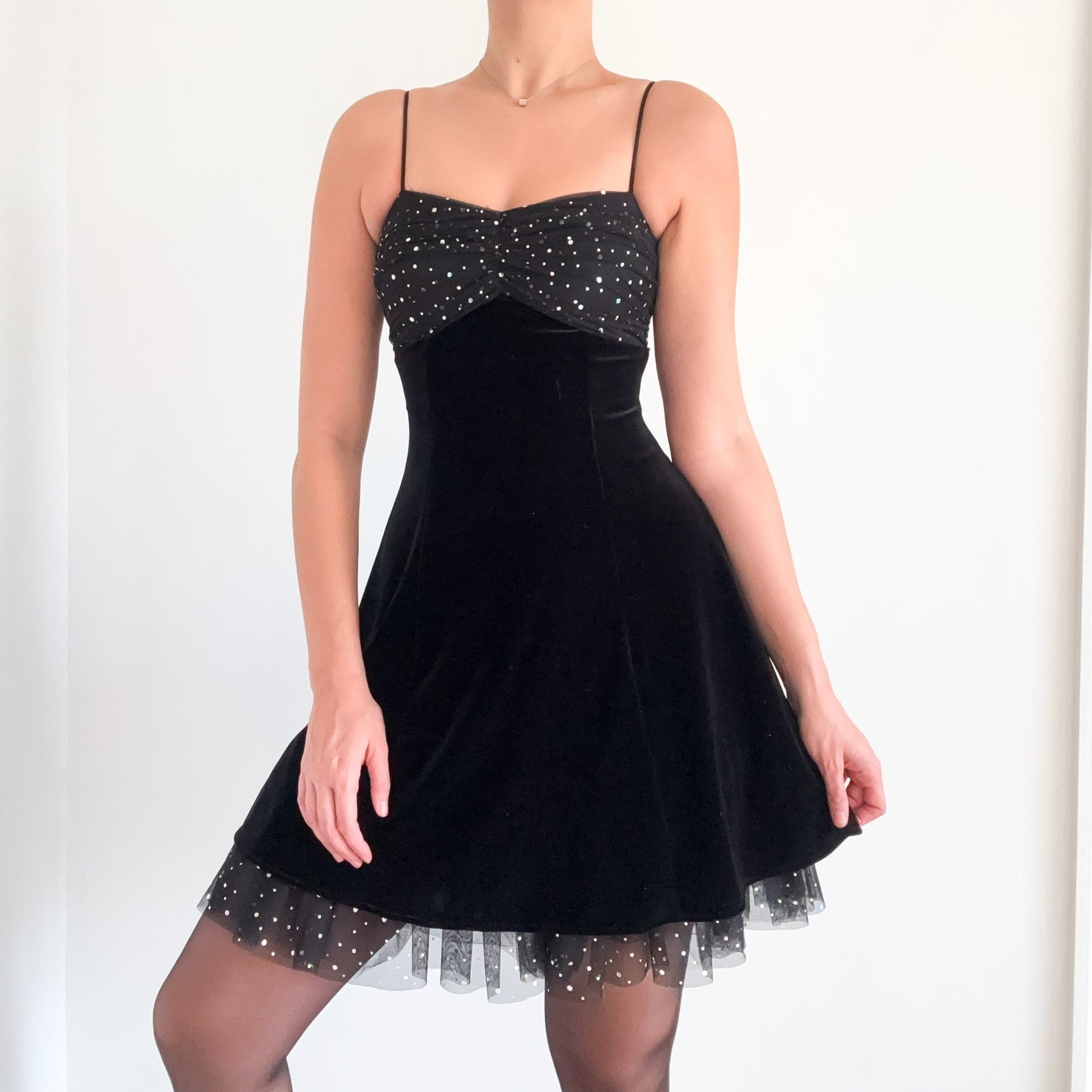 90's Black Velvet Sequin Cocktail Dress / SZ XS/S