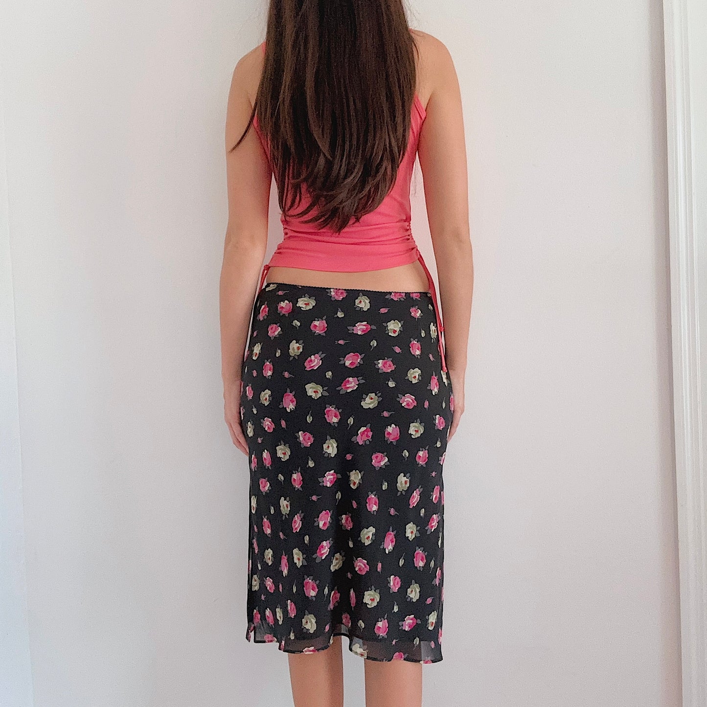 Y2K Black & Pink Floral Midi Skirt / SZ S