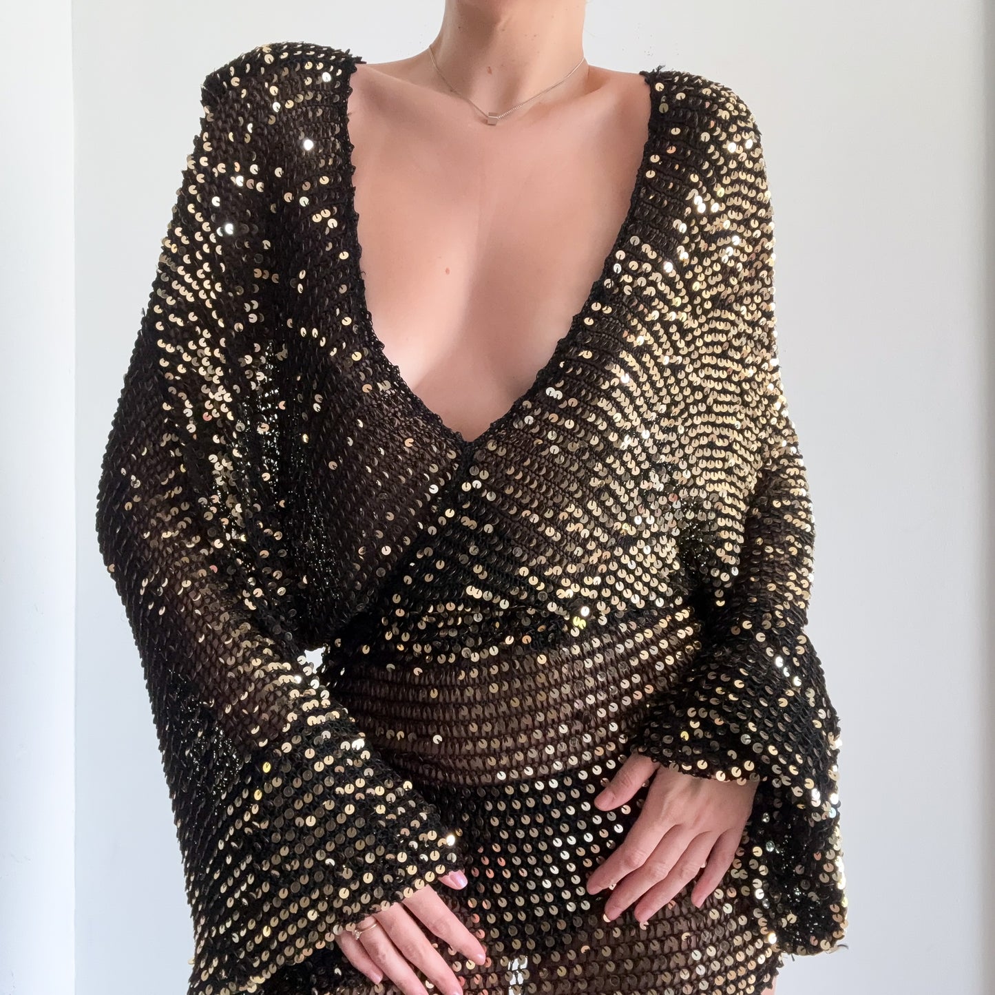 Retrofête Black & Gold Sequin Knit Disco Dress / SZ XS/S
