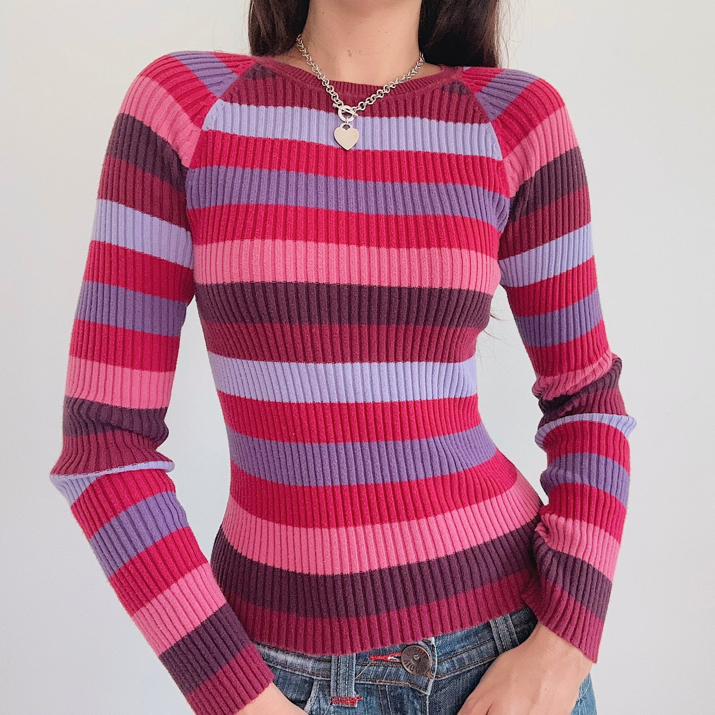 Y2K Purple & Pink Striped Sweater / SZ M