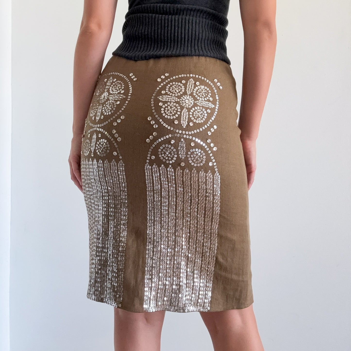 Y2K Olive & Silver Sequin Linen Pencil Skirt / SZ 6