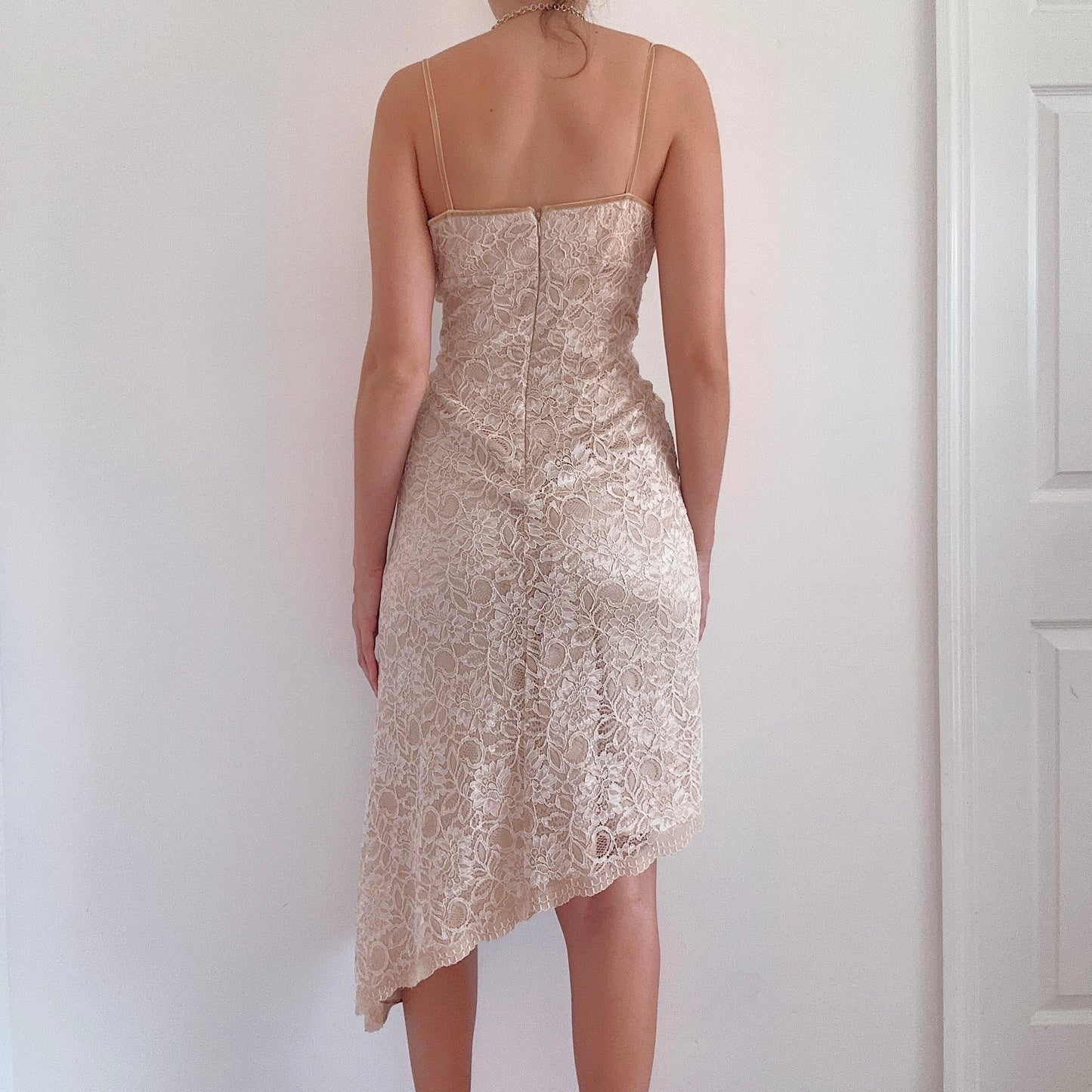 Y2K Champagne Lace Asymmetric Dress / SZ 6