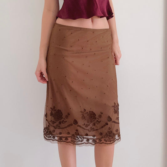 Y2K Brown Mesh Embroidered Midi Skirt / SZ 6