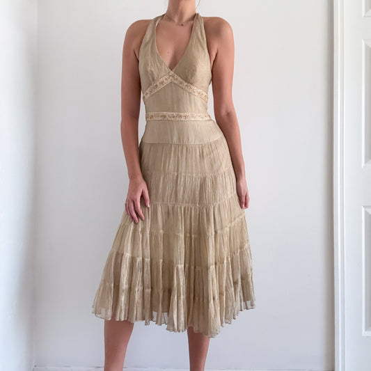 Y2K Cache Gold Beaded Halter Midi Dress / SZ 4