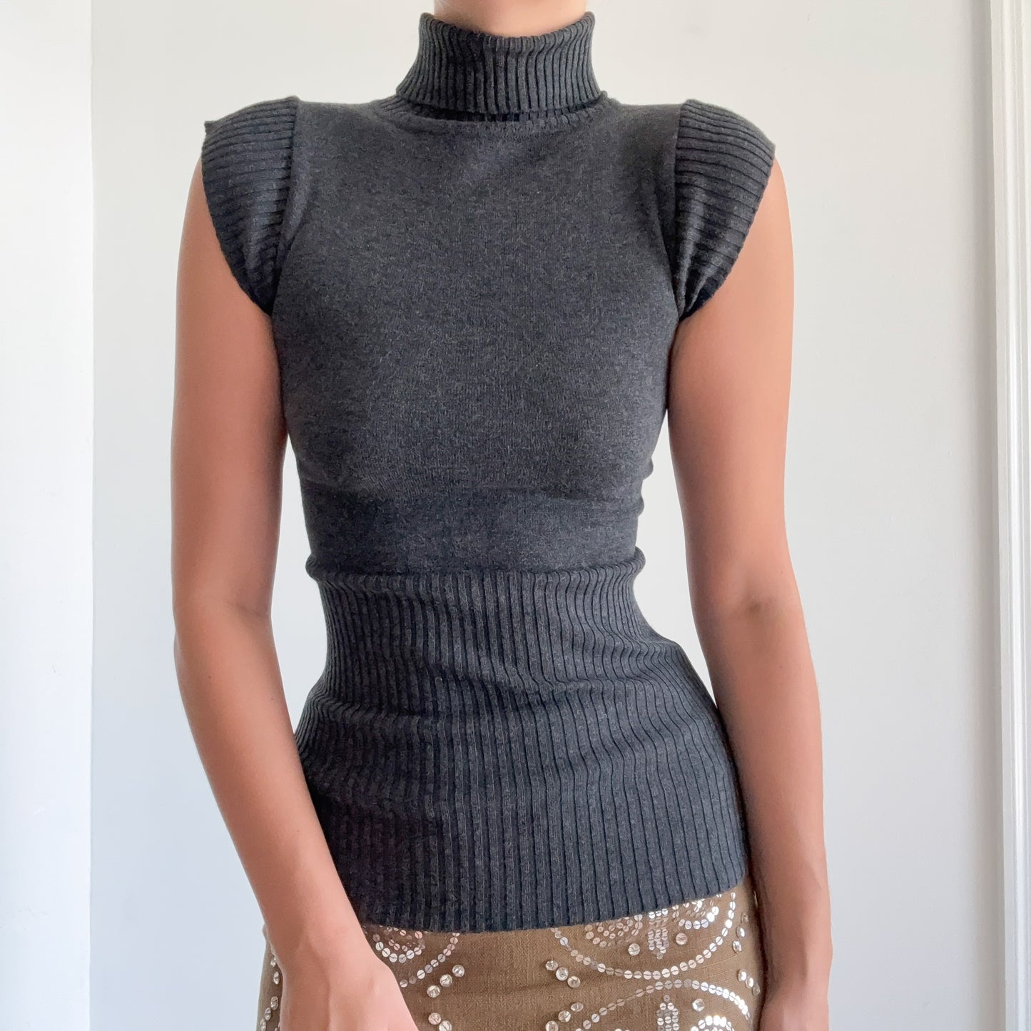 Y2K Grey Cap Sleeve Knit Turtleneck / SZ S